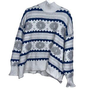 Cozy Nordic Inspired Mock Neck Sweater Blue Gray Textured Knit Winter Pullover